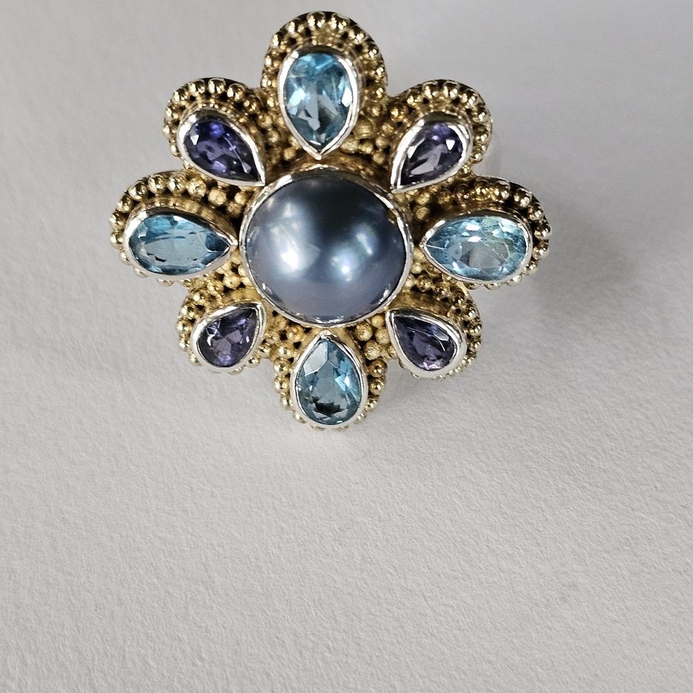Exquisite Vintage Mabe Pearl, Swiss Topaz, Iolite Ring Sterling Silver Size 7! - Picture 2 of 8